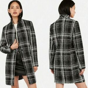 Express Black White Woven Plaid Collarless One Button Long Twead Coat Sz…